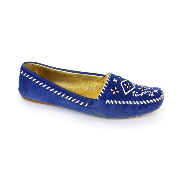 PRADA Blue Suede White Black Embroidered Design Slip On Moccasin Flats 38 Shoes - Picture 1 of 6